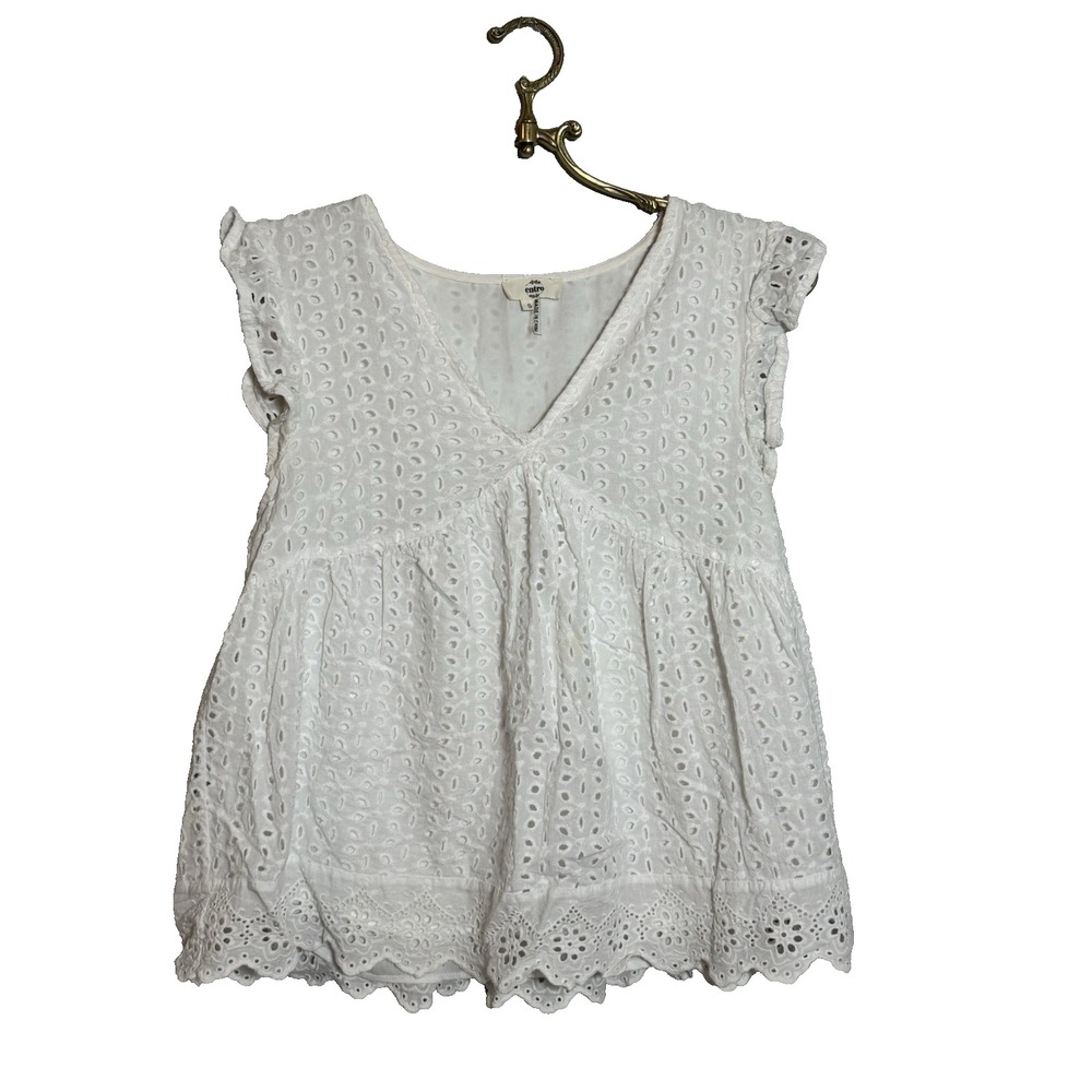 Entro Womens Sky White Ruffle Sleeve Embroidered Eyelet Tiered Blouse Top Size S